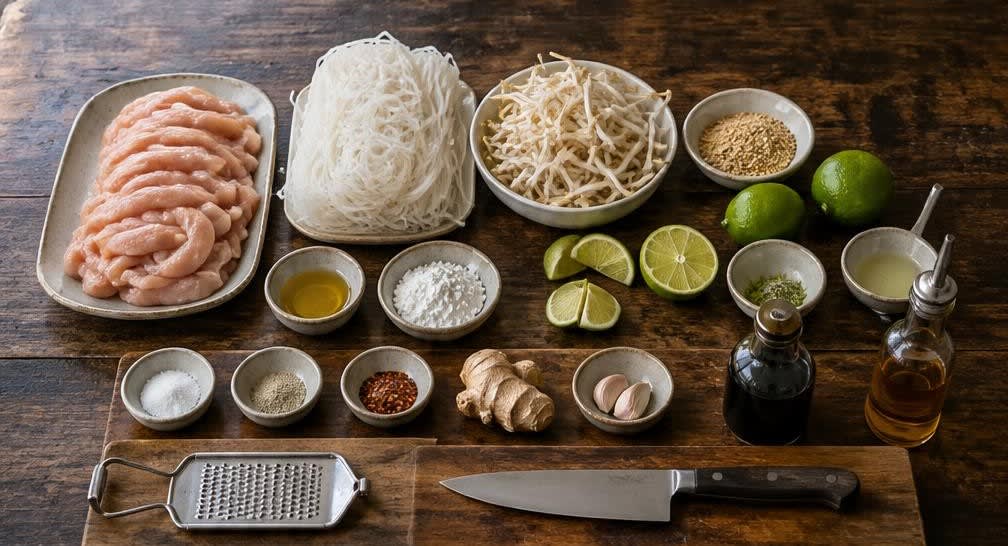 Hähnchenbrust mit Mungbohnensprossen und Reisnudeln aus dem Wok – Zutaten