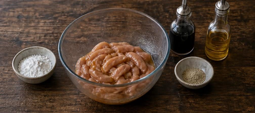 Hähnchenbrust mit Mungbohnensprossen und Reisnudeln aus dem Wok – Zubereitung Schritt für Schritt – Hähnchen marinieren