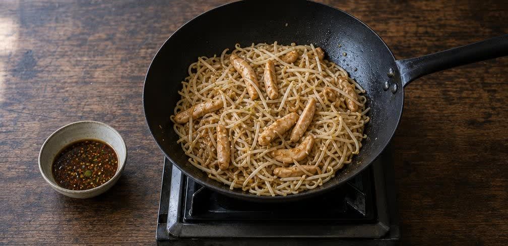 Hähnchenbrust mit Mungbohnensprossen und Reisnudeln aus dem Wok – Zubereitung Schritt für Schritt – Alles durchschwenken