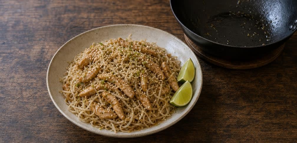 Hähnchenbrust mit Mungbohnensprossen und Reisnudeln aus dem Wok – Zubereitung Schritt für Schritt – Anrichten