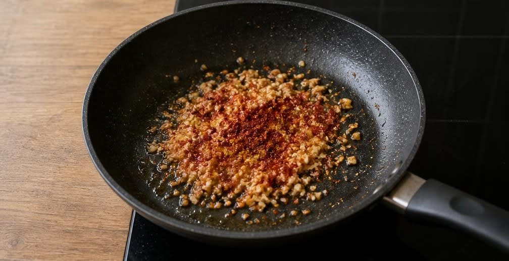 Saftiges Hähnchenbrustfilet mit Kimchi und Dämpfreis – Zubereitung Schritt für Schritt – Aromaten anrösten