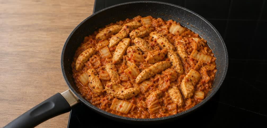Saftiges Hähnchenbrustfilet mit Kimchi und Dämpfreis – Zubereitung Schritt für Schritt – Kimchi und Hähnchen erwärmen