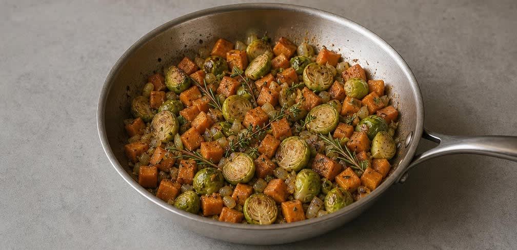 Französische Entenbrust mit geschmortem Rosenkohl und Süßkartoffel – Zubereitung Schritt für Schritt – Rosenkohl mitbraten