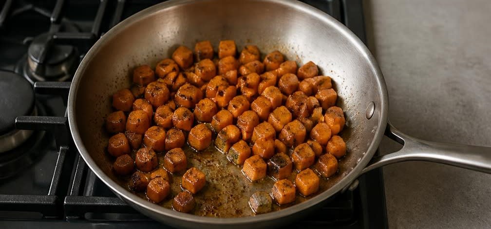 Französische Entenbrust mit geschmortem Rosenkohl und Süßkartoffel – Zubereitung Schritt für Schritt – Süßkartoffeln anbraten
