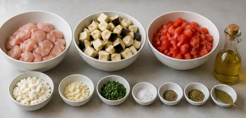 Griechische Hähnchenbrust mit geschmorten Auberginen und Tomaten – Zutaten