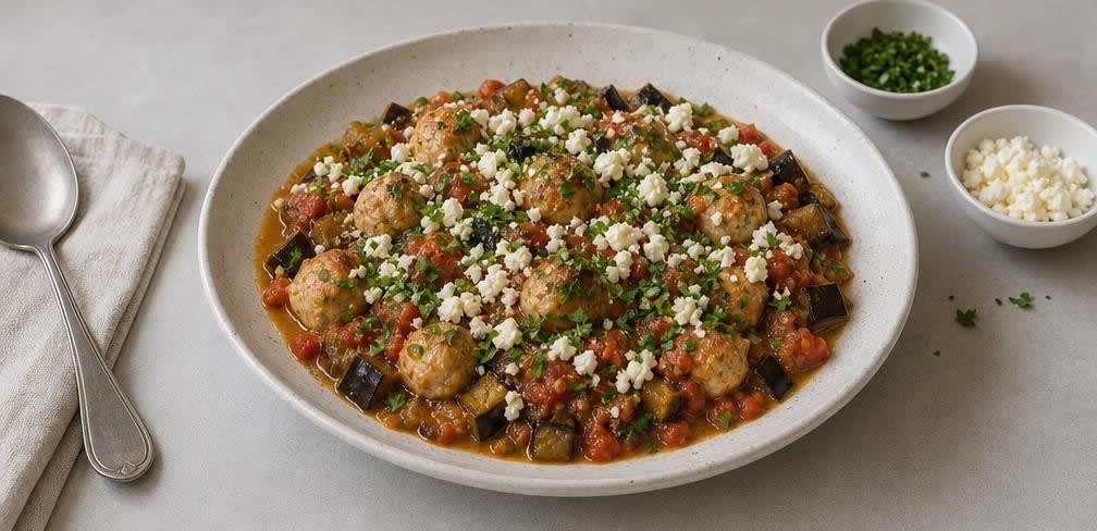Griechische Hähnchenbrust mit geschmorten Auberginen und Tomaten – Zubereitung Schritt für Schritt – Anrichten