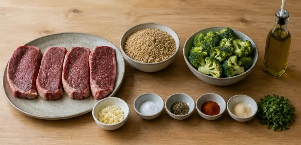 US Sirloin-Steak mit Knoblauch-Brokkoli und Vollkornreis – Zutaten