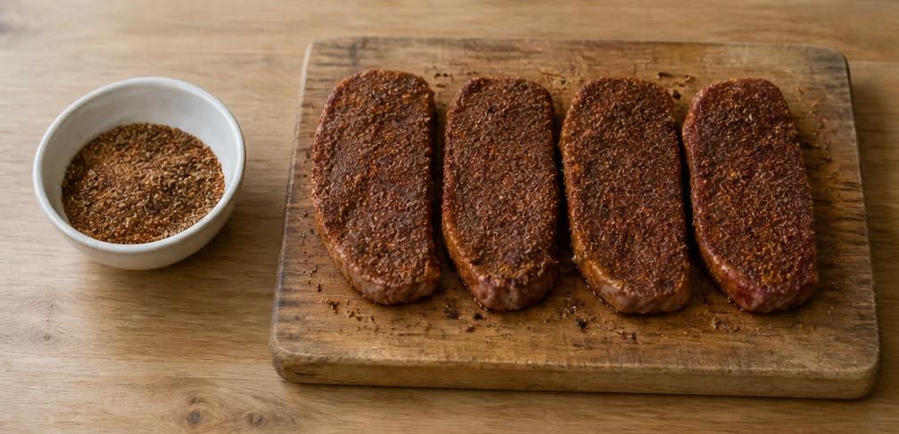 US Sirloin-Steak mit Knoblauch-Brokkoli und Vollkornreis – Zubereitung Schritt für Schritt – Steaks würzen