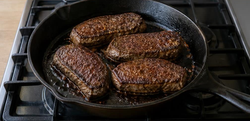 US Sirloin-Steak mit Knoblauch-Brokkoli und Vollkornreis – Zubereitung Schritt für Schritt – Steaks anbraten
