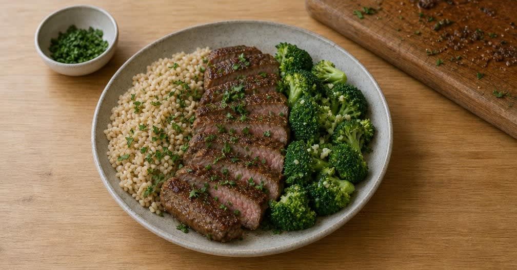 US Sirloin-Steak mit Knoblauch-Brokkoli und Vollkornreis – Zubereitung Schritt für Schritt – Anrichten