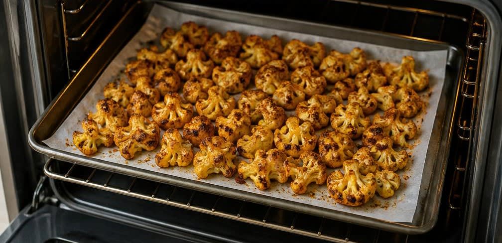 Marokkanische Putenbrust mit geröstetem Blumenkohl und Gewürz-Bulgur – Zubereitung Schritt für Schritt – Blumenkohl rösten