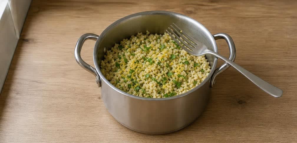 Marokkanische Putenbrust mit geröstetem Blumenkohl und Gewürz-Bulgur – Zubereitung Schritt für Schritt – Bulgur verfeinern