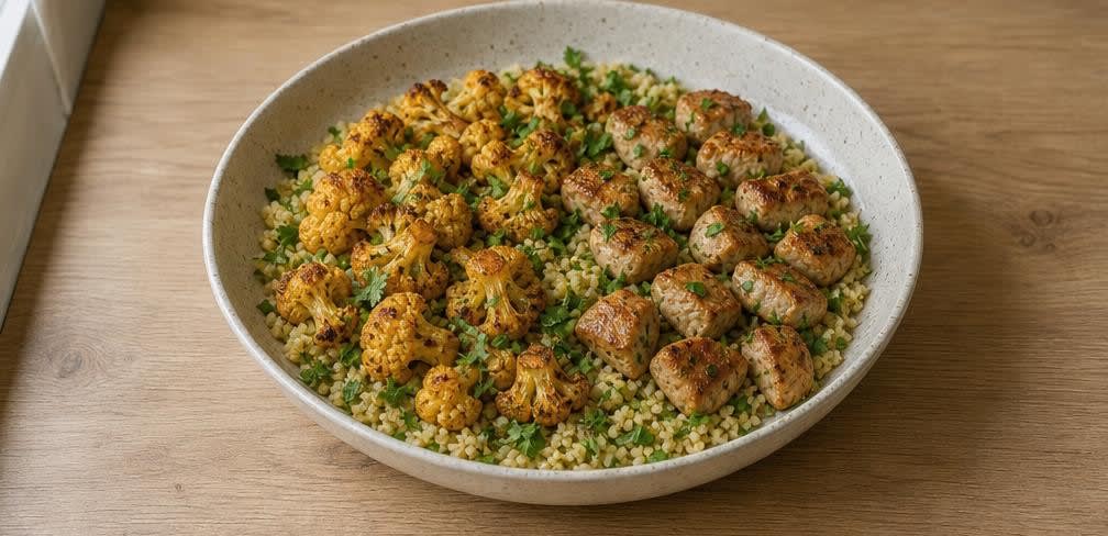 Marokkanische Putenbrust mit geröstetem Blumenkohl und Gewürz-Bulgur – Zubereitung Schritt für Schritt – Anrichten