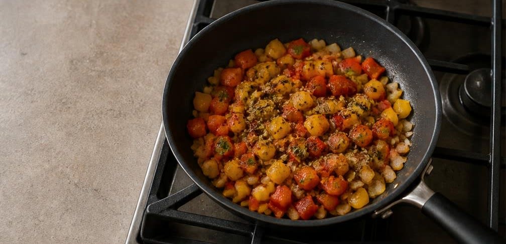Mexikanische Hähnchen-Paprika-Pfanne mit Quinoa – Zubereitung Schritt für Schritt – Gemüse und Gewürze dünsten