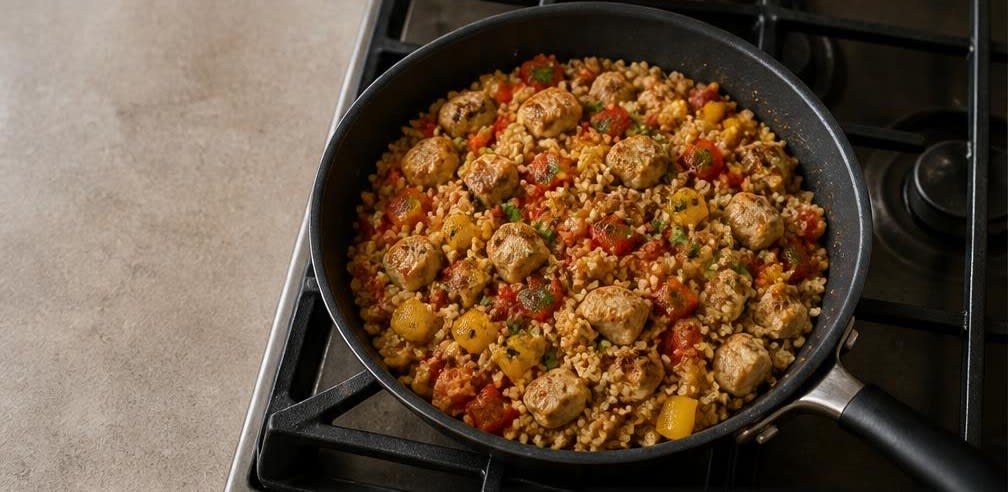 Mexikanische Hähnchen-Paprika-Pfanne mit Quinoa – Zubereitung Schritt für Schritt – Alles vermengen