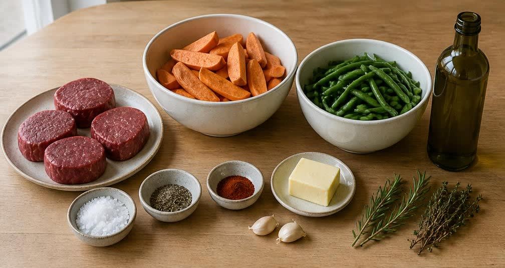 Zartes Rinderfilet mit Süßkartoffel-Wedges und grünen Bohnen – Zutaten
