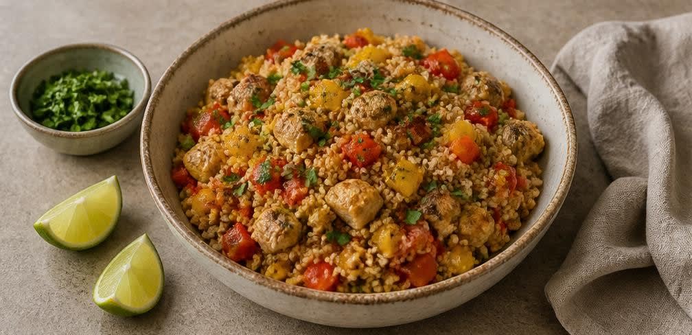 Mexikanische Hähnchen-Paprika-Pfanne mit Quinoa – Zubereitung Schritt für Schritt – Anrichten