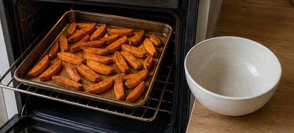 Zartes Rinderfilet mit Süßkartoffel-Wedges und grünen Bohnen – Zubereitung Schritt für Schritt – Süßkartoffeln rösten