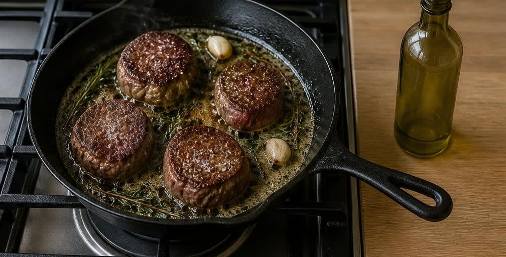Zartes Rinderfilet mit Süßkartoffel-Wedges und grünen Bohnen – Zubereitung Schritt für Schritt – Rinderfilet anbraten