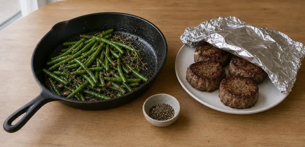 Zartes Rinderfilet mit Süßkartoffel-Wedges und grünen Bohnen – Zubereitung Schritt für Schritt – Bohnen schwenken