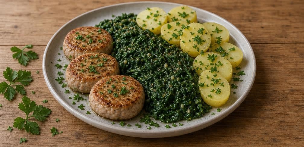 Zarte Putenbrust auf Knoblauchspinat mit Salzkartoffeln – Zubereitung Schritt für Schritt – Anrichten