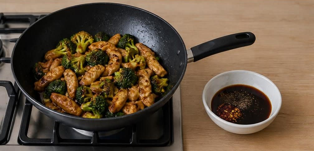 Asiatisches Hähnchen-Stir-Fry mit Brokkoli und Vollkornreis – Zubereitung Schritt für Schritt – Stir-Fry vermischen