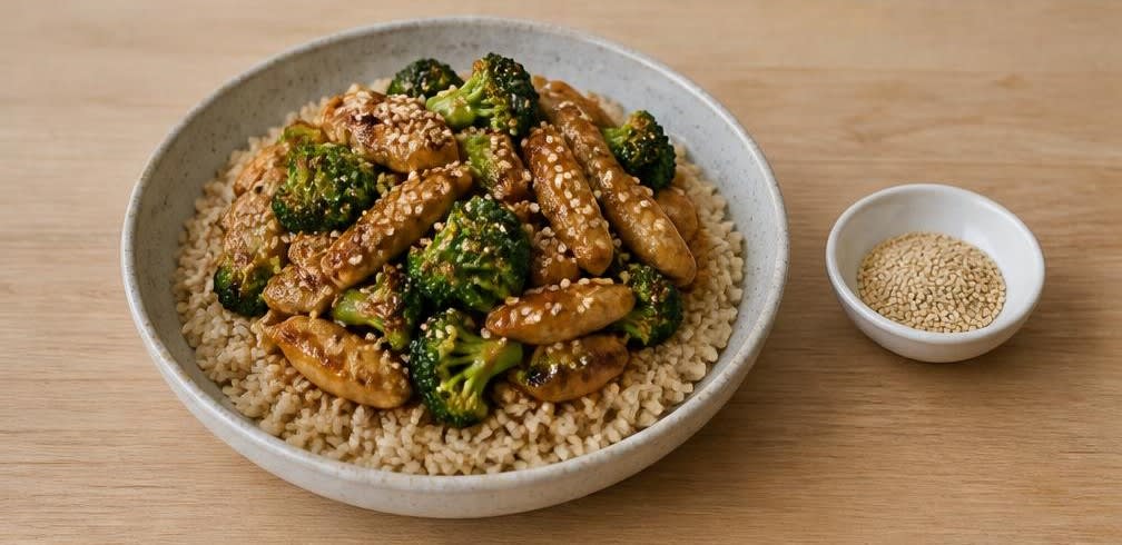 Asiatisches Hähnchen-Stir-Fry mit Brokkoli und Vollkornreis – Zubereitung Schritt für Schritt – Anrichten