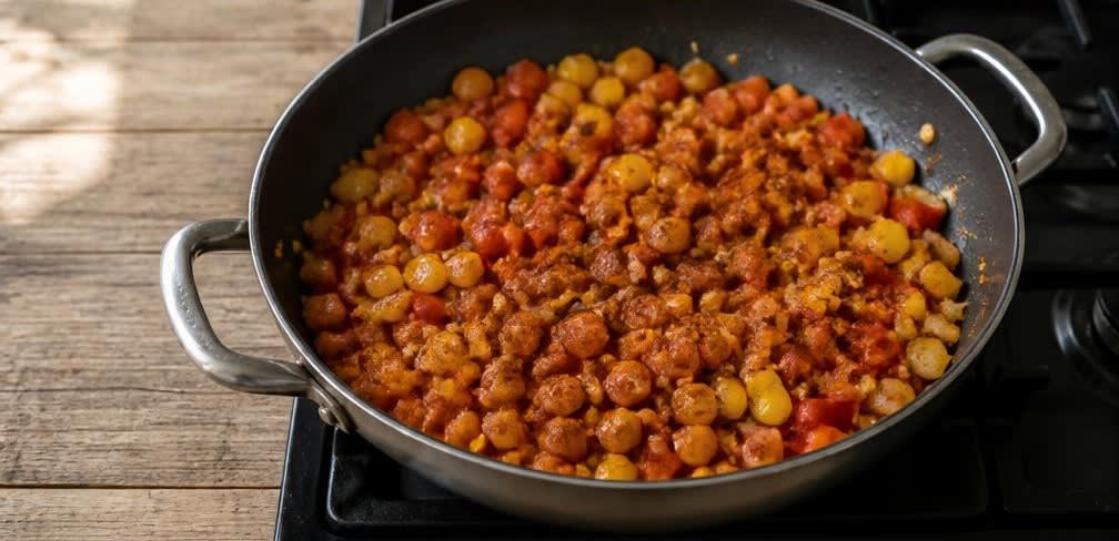 Spanische Quinoa-Kichererbsen-Pfanne mit gerösteter Paprika – Zubereitung Schritt für Schritt – Zwiebeln und Paprika anbraten