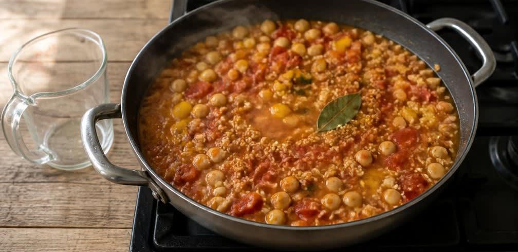 Spanische Quinoa-Kichererbsen-Pfanne mit gerösteter Paprika – Zubereitung Schritt für Schritt – Zutaten hinzufügen und aufkochen