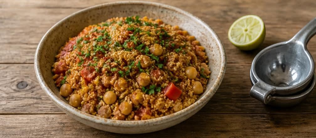 Spanische Quinoa-Kichererbsen-Pfanne mit gerösteter Paprika – Zubereitung Schritt für Schritt – Anrichten