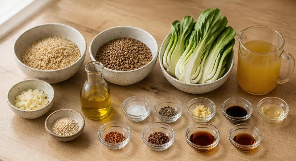 Asiatische Linsen-Vollkorn-Bowl mit gebratenem Pak Choi – Zutaten