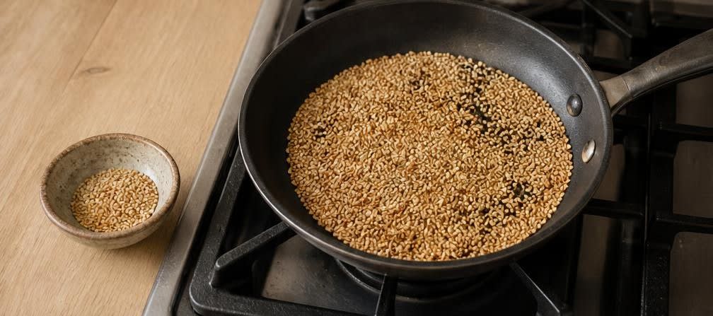 Asiatische Linsen-Vollkorn-Bowl mit gebratenem Pak Choi – Zubereitung Schritt für Schritt – Sesam rösten