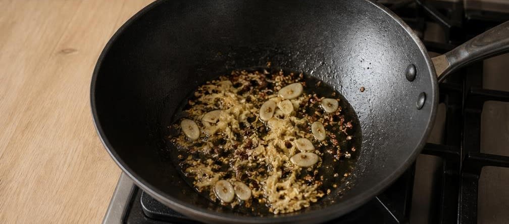Asiatische Linsen-Vollkorn-Bowl mit gebratenem Pak Choi – Zubereitung Schritt für Schritt – Aromaten anbraten