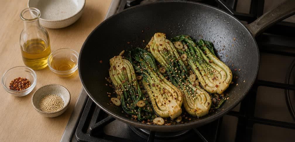 Asiatische Linsen-Vollkorn-Bowl mit gebratenem Pak Choi – Zubereitung Schritt für Schritt – Pak Choi braten