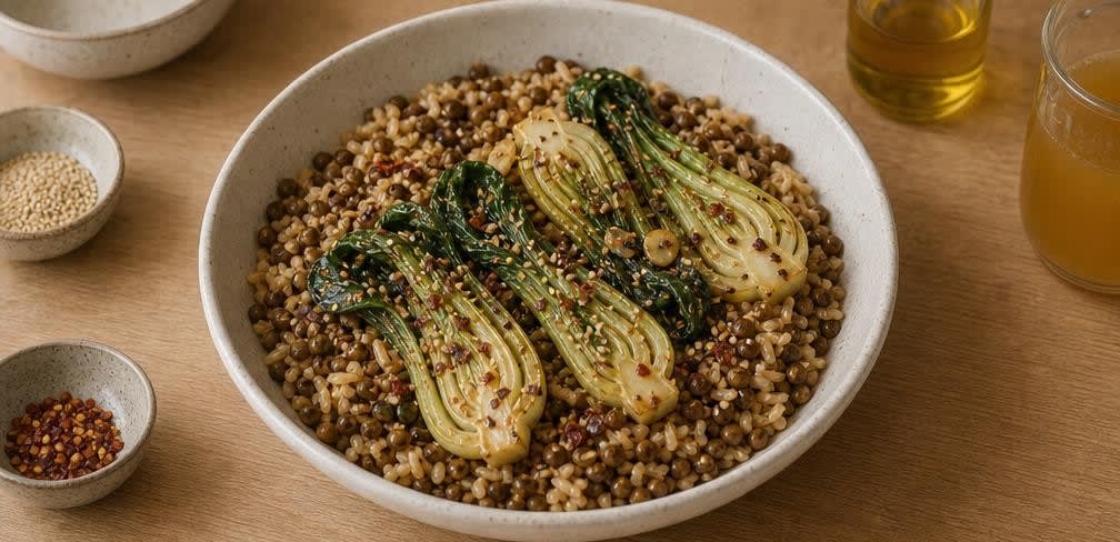 Asiatische Linsen-Vollkorn-Bowl mit gebratenem Pak Choi – Zubereitung Schritt für Schritt – Anrichten