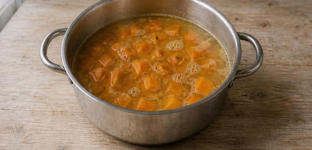 Herzhafter Kürbis-Bohnen-Eintopf mit Hirse – Zubereitung Schritt für Schritt – Kürbis anbraten und aufgießen