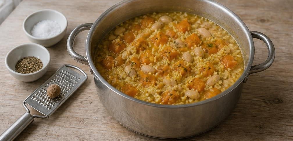 Herzhafter Kürbis-Bohnen-Eintopf mit Hirse – Zubereitung Schritt für Schritt – Bohnen unterheben und abschmecken