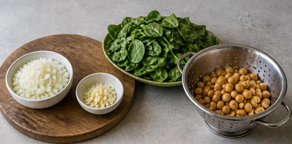 Marokkanische Kichererbsen mit Spinat und Couscous – Zubereitung Schritt für Schritt – Zwiebeln und Kichererbsen vorbereiten