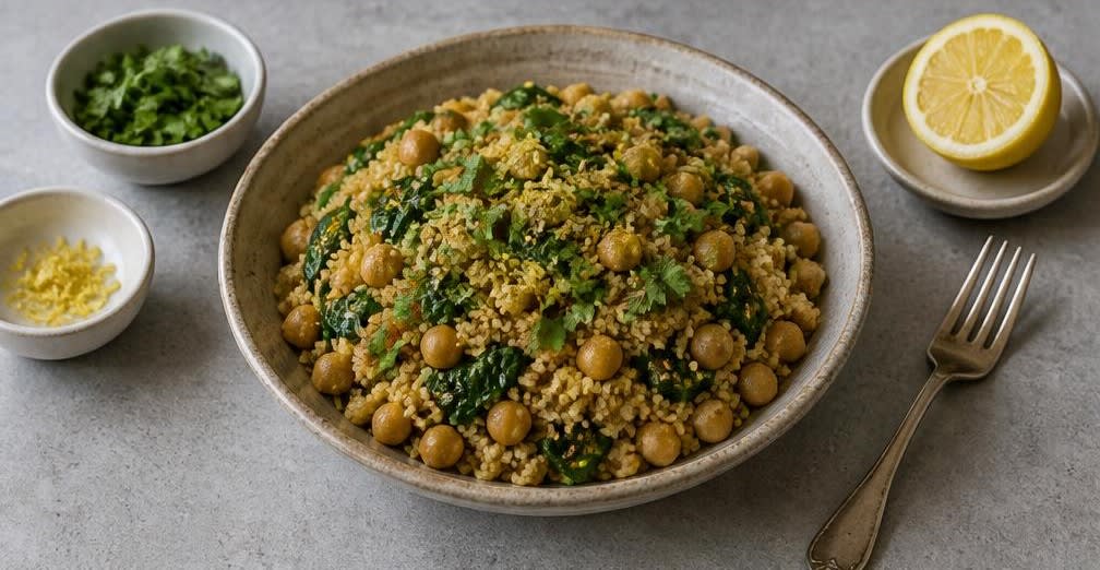Marokkanische Kichererbsen mit Spinat und Couscous – Zubereitung Schritt für Schritt – Anrichten