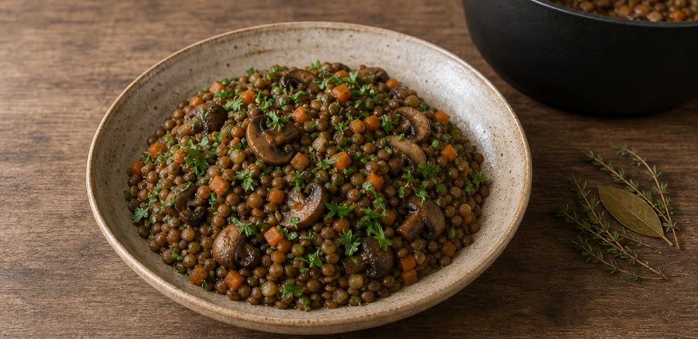 Französische geschmorte Linsen mit Champignons und Karotten – Zubereitung Schritt für Schritt – Anrichten