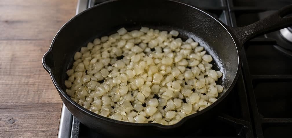 Amerikanische Süßkartoffel-Grünkohl-Pfanne mit Kidneybohnen – Zubereitung Schritt für Schritt – Zwiebeln andünsten