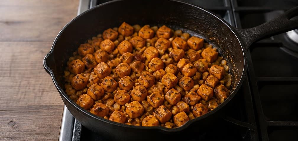 Amerikanische Süßkartoffel-Grünkohl-Pfanne mit Kidneybohnen – Zubereitung Schritt für Schritt – Süßkartoffeln anbraten und Gewürze rösten