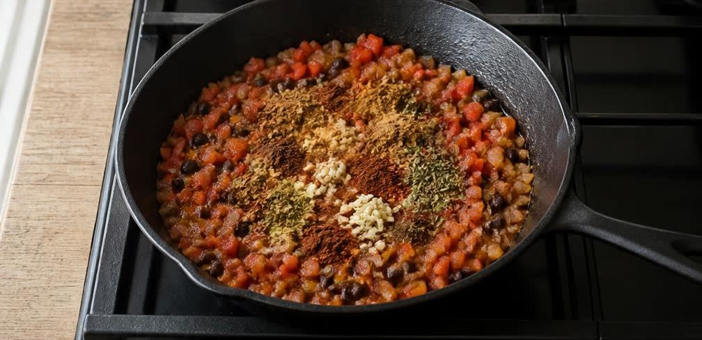 Mexikanische Schwarze Bohnen mit Vollkornreis und Paprika – Zubereitung Schritt für Schritt – Gewürze rösten