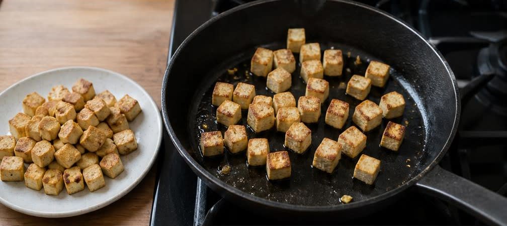 Cremiges Zucchini-Tofu-Curry mit Kokosmilch – Zubereitung Schritt für Schritt – Tofu anbraten