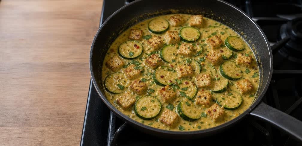 Cremiges Zucchini-Tofu-Curry mit Kokosmilch – Zubereitung Schritt für Schritt – Curry köcheln lassen