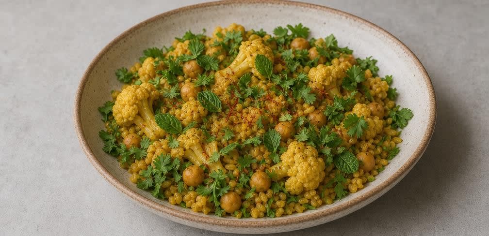 Marokkanisches Kichererbsen-Blumenkohl-Gericht mit Bulgur – Zubereitung Schritt für Schritt – Anrichten