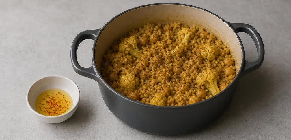 Marokkanisches Kichererbsen-Blumenkohl-Gericht mit Bulgur – Zubereitung Schritt für Schritt – Mit Zitrone und Pfeffer abschmecken