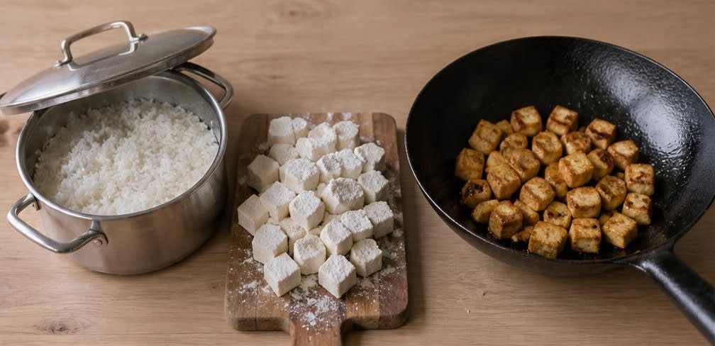 Knuspriger Tofu mit Aubergine und Paprika aus dem Wok – Zubereitung Schritt für Schritt – Reis kochen und Tofu braten