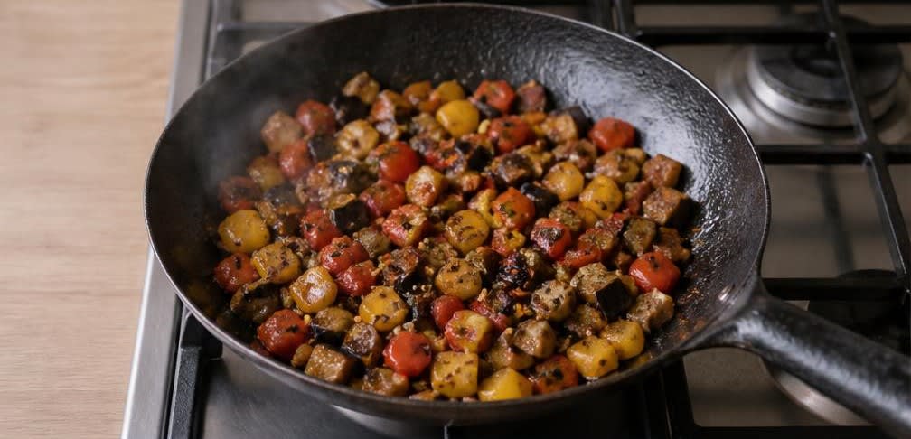 Knuspriger Tofu mit Aubergine und Paprika aus dem Wok – Zubereitung Schritt für Schritt – Gemüse anbraten