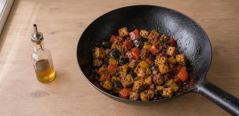 Knuspriger Tofu mit Aubergine und Paprika aus dem Wok – Zubereitung Schritt für Schritt – Gemüse glasieren und Tofu mischen